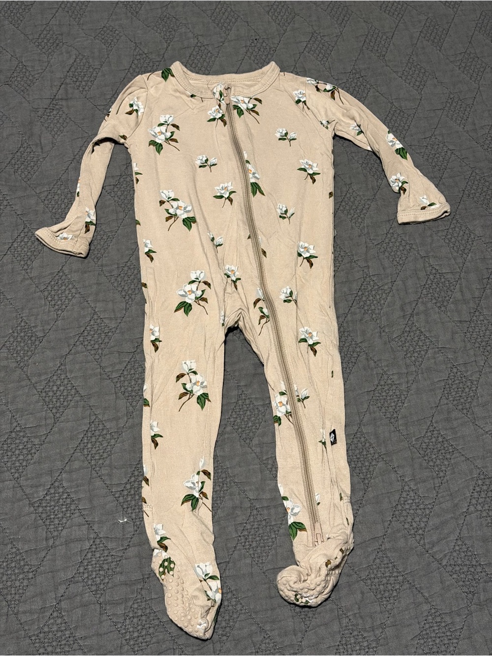 Kids Beige Magnolia Floral One-Piece Pajamas with Zipper